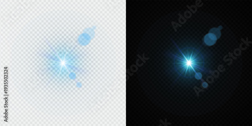 Colorful Star Light Effect Collection with Blue, Golden, and Yellow Glowing Starlight Sparkle Rays and Lens Flare Illumination on Transparent Background