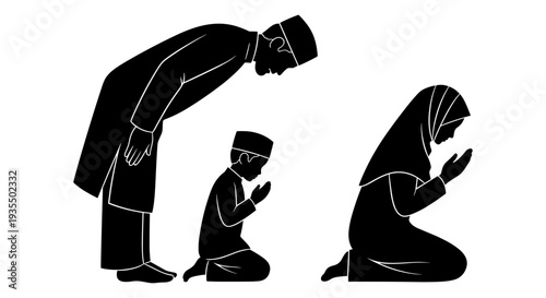 Family performing islamic prayer together in a serene moment of devotion Vector, illustration