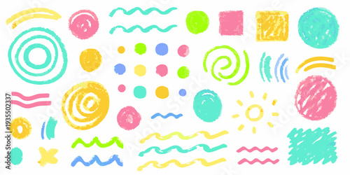 Colorful abstract shapes and doodles drawn with wax crayons or pastels