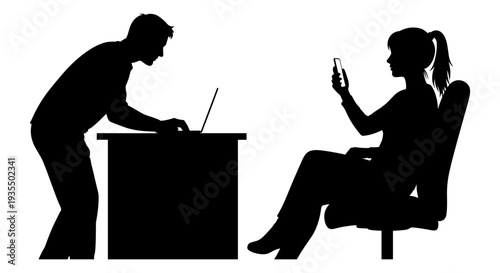 A person working on a laptop while another engages with a mobile device nearby Vector, illustration