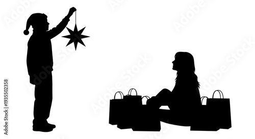 Child making a wish under a star while another person shops nearby Vector, illustration