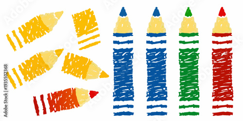 Colorful crayon strokes and shapes in a playful arrangement