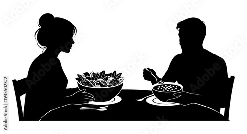 Silhouette couple sharing a meal together at a cozy dining table with bowls of food. Vector, illustration