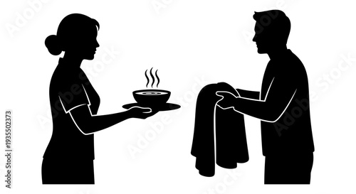 A person serving a bowl of steaming food to a seated individual Vector, illustration