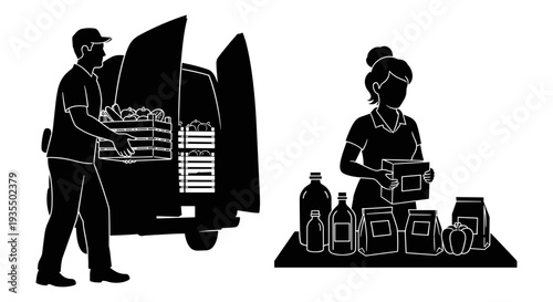 Delivery of beverages and groceries from a delivery truck to a customer Vector, illustration