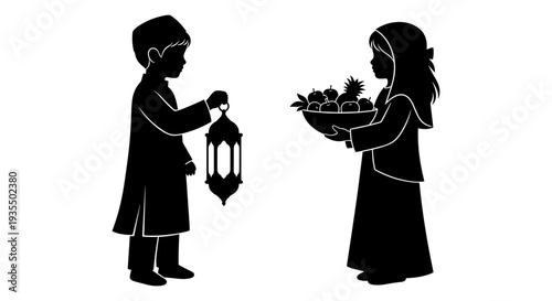 Children sharing traditional lanterns and flowers during a cultural celebration Vector, illustration