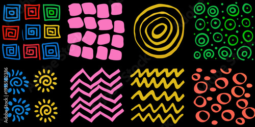 Colorful abstract patterns and shapes arranged on a black background