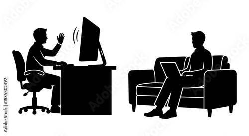 Two people engaging in a virtual meeting and a face-to-face conversation simultaneously Vector, illustration