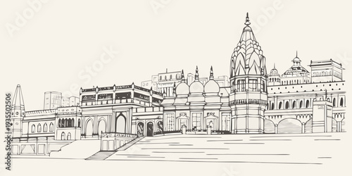 Detailed sketch of a historic indian palace with intricate architectural details
