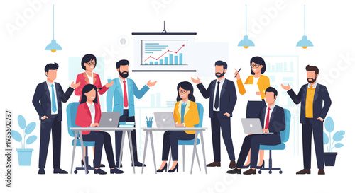 Business team collaborating in modern office with data presentation