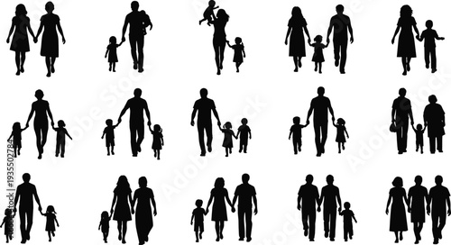  Collection of twenty family silhouette illustrations featuring diverse groupings of adults and children, showcasing parenting, love, unity, and inclusive
