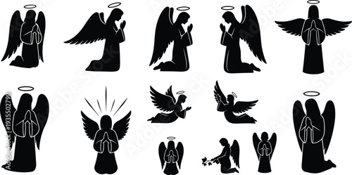 Web Collection of twelve angel silhouette illustrations featuring halos, wings, praying poses, kneeling, standing, and flying figures, symbolizing spirituality, purity, and divine presence in design.