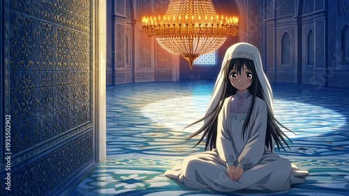 Anime girl in white hijab praying in mosque with chandelier wallpaper