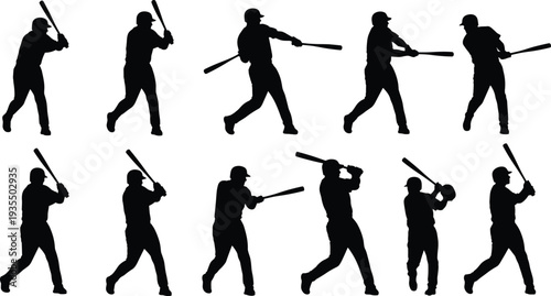  Collection of baseball player silhouette illustrations showing batting motion sequence from stance to swing follow-through, capturing sports technique, biomechanics, and athletic performance design.