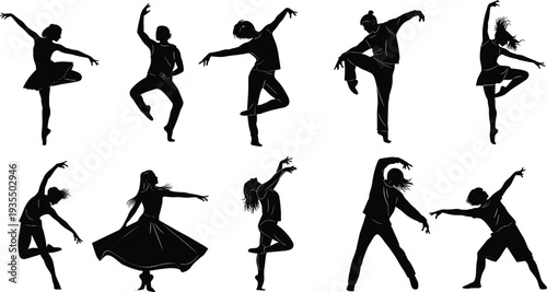  Collection of dynamic dancer silhouettes in performance energy on stage.