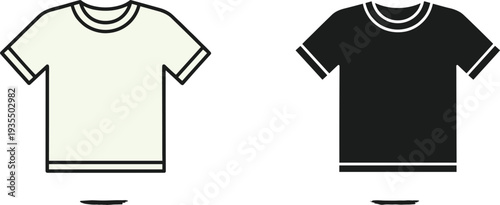  ashion illustration of two t-shirts side by side, showcasing light and dark color variations, short sleeves, round neckline, casual apparel design, and modern clothing contrast.
