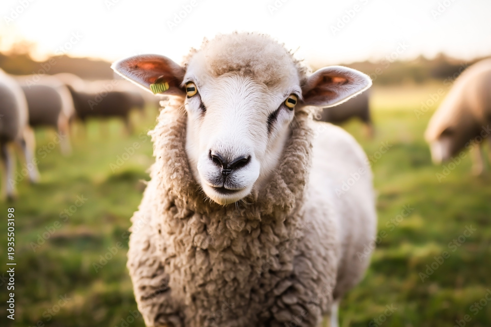 Obraz premium Close Up Portrait of Woolly Sheep Standing in Green Pasture Field