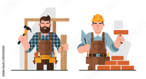 Carpenter and bricklayer building a house illustration