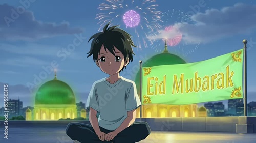 Anime Boy Celebrating Eid Mubarak with Mosque and Fireworks at Night wallpaper
