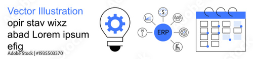 Business operations, workflow planning, project management, enterprise solutions, team collaboration, resource allocation. Features lightbulb icon, ERP processes diagram, and calendar layout