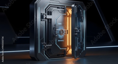 An open futuristic vault door with glowing lights, a concept for data security or financial safety