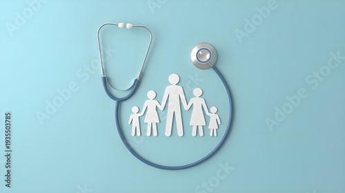 Top view of medical stethoscope and icon family on cyan background. Health care insurance concept. 3d rendering
