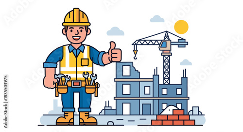 Construction worker gives thumbs up at building site with crane