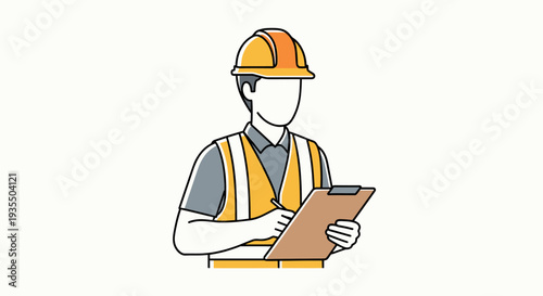 Construction worker in hard hat writing on clipboard