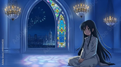 Anime Girl Sitting in Grand Hall with Stained Glass Window and Night City View wallpaper