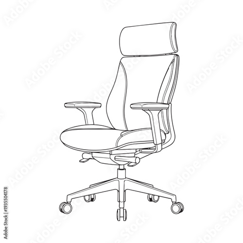 Detailed line drawing of modern ergonomic office chair with headrest and armrests sketch