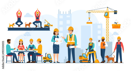 Construction workers and engineers engaging in various activities on site