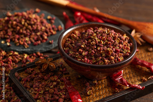 Bild auf Leinwand Sichuan Peppercorns and Red Chilies in Bowls, Asian Spices