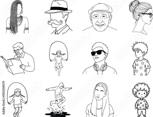 Black and white line of people in various poses and outfits 5