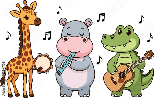 "Cartoon giraffe hippopotamus and crocodile playing musical instruments together in fun children’s music band illustration with tambourine flute guitar and floating notes"