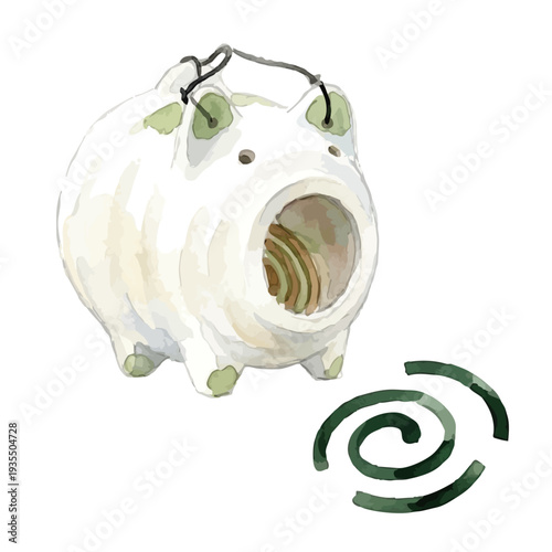 Hand drawn watercolor mosquito coil illustration, Japanese summer tradition and insect repellent／蚊取り線香