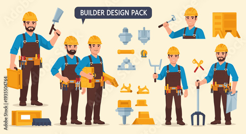 Builder design pack with construction workers and tools