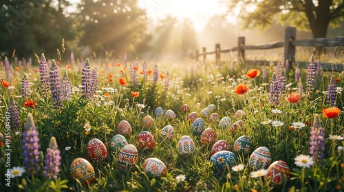 Wallpaper Mural Spring meadow with wildflowers and scattered decorated Easter eggs Torontodigital.ca