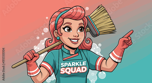 Retro Style Woman with Cleaning Brush and Gloves.