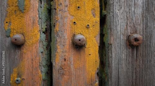 Weathered Wooden Planks with Textured Surfaces and Vibrant Moss in Earthy Tones