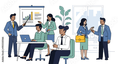 Business team collaborating and presenting in a modern office