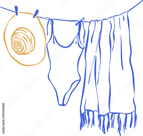 Beach accessories hanging on clothesline, minimalist sketch of swimsuit hat and towel drying in sun