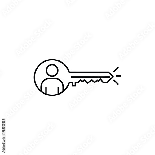 Simple line illustration of a key with a person icon on a keyhead, symbolizing access or ownership, viewed from the side