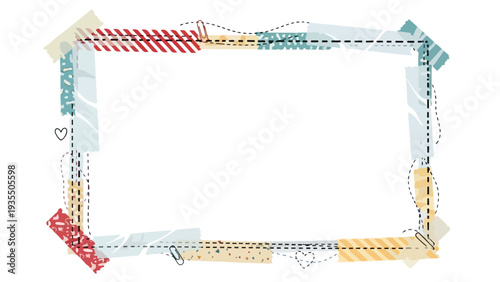 Colorful rectangular frame composed of assorted washi tapes and paper scraps on a white background with a creative and playful mood.