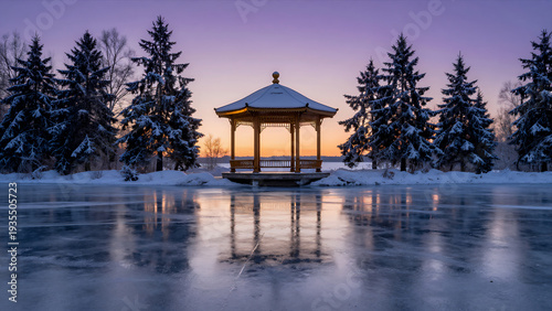 Serene Winter Pavilion with Snow-Covered Roof and Reflection on Frozen Lake Surrounded by Evergreen Trees at Twilight