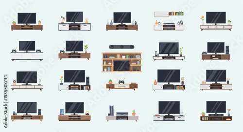 Collection of modern television stands with flat screen TVs.