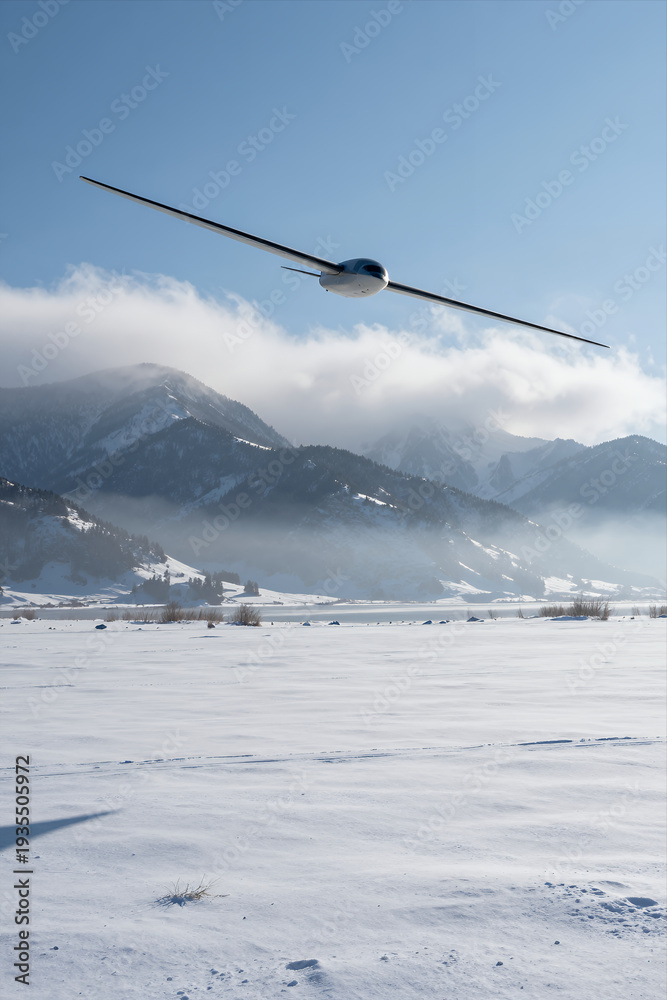 Fototapeta premium Sleek Glider Soaring Gracefully over Snow-Covered Mountains and Frozen Landscape under Clear Blue Sky with Wispy Clouds