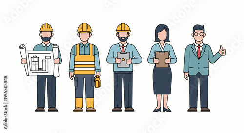 Construction professionals team with architects, workers, engineers, and managers