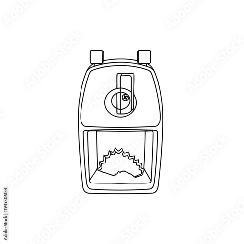 A mechanical pencil sharpener is shown from the front view, displaying the circular cutting blade mechanism inside the opening.