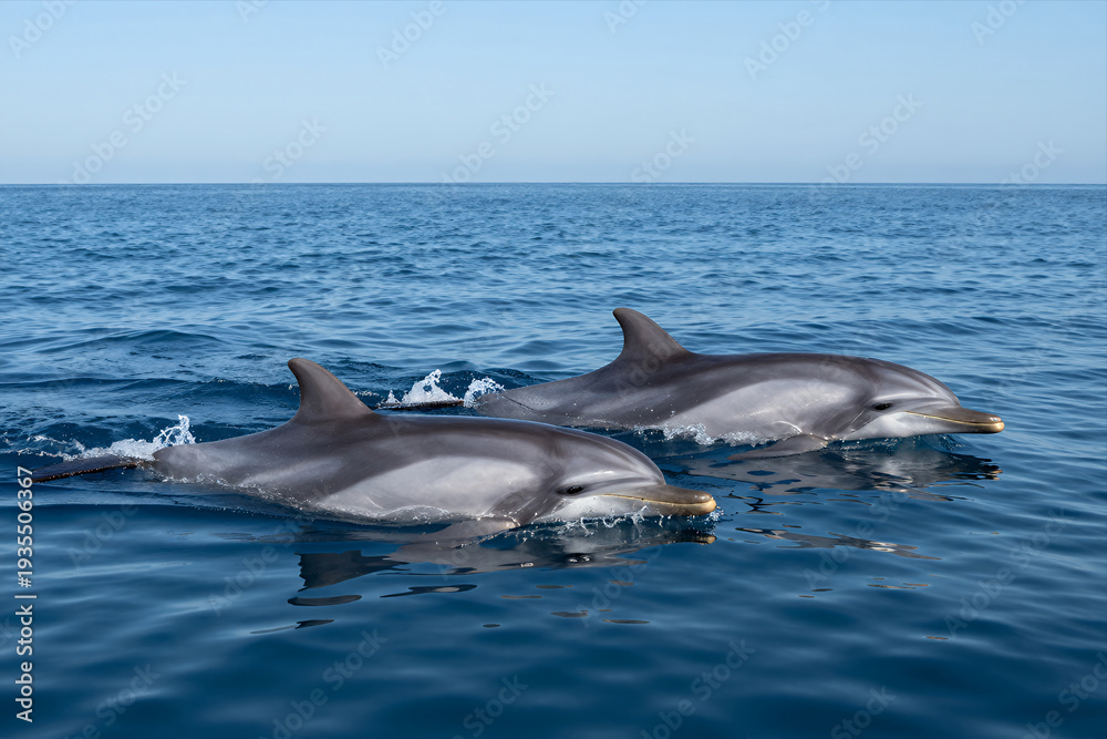 Fototapeta premium Two Dolphins Swimming Together in Clear Blue Ocean Water with Gentle Waves and Natural Sunlight Highlighting Their Sleek Bodies during Daytime Wildlife Scene