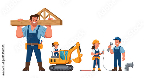 Construction workers and tradespeople with tools and equipment